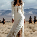 Vintage Western-style button-down pleated long sleeve sexy maxi skirt