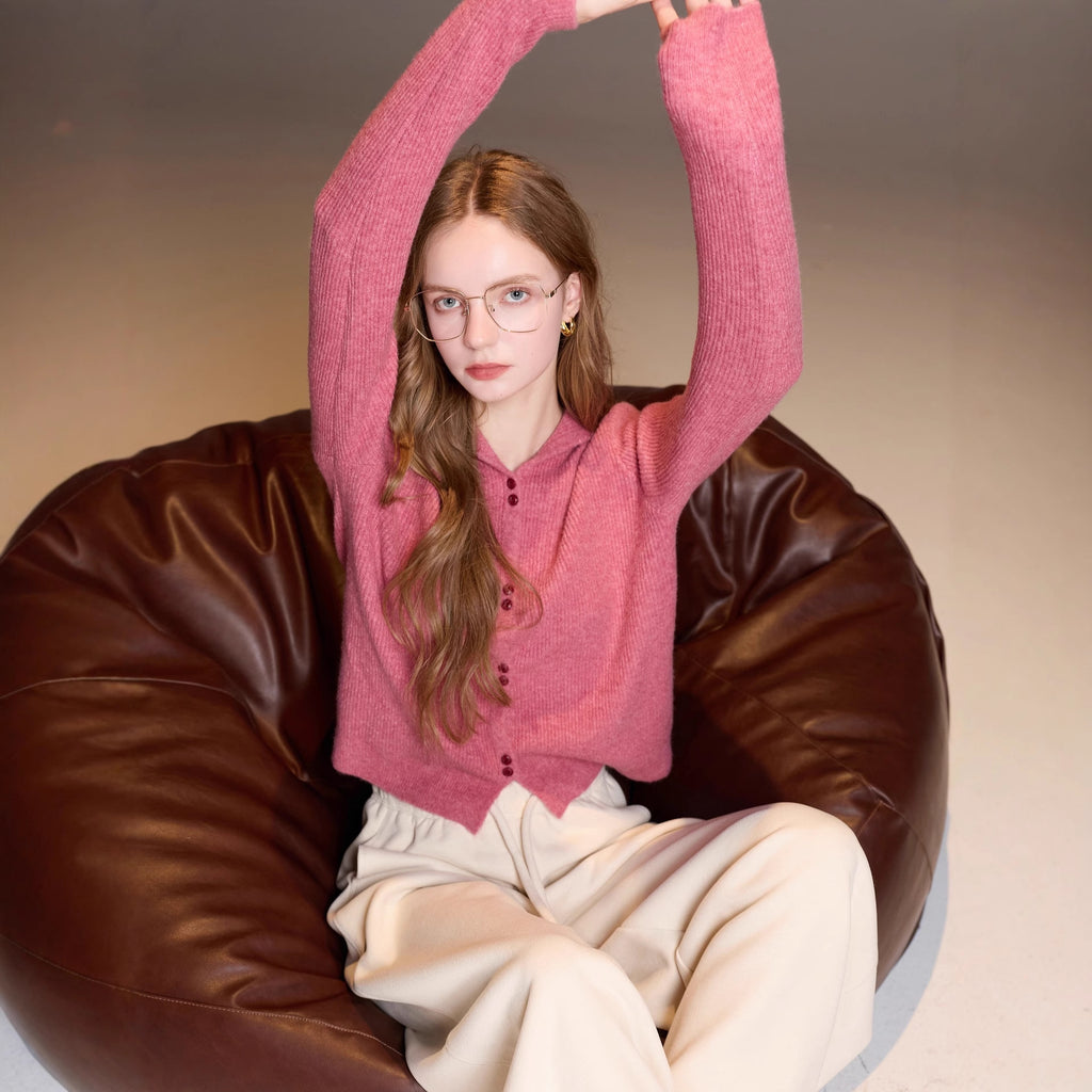 Hooded cardigan over wool jacket