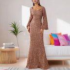 V-neck horn sleeve evening dress
