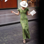 French V-neck silk print dress