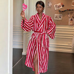 Flannel medium and long striped nightgown