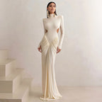 Solid color long-sleeved turtleneck temperament slim-fitting pleated backless long dress