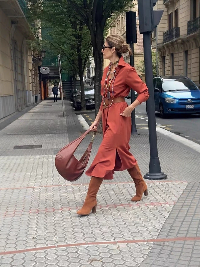 Drop mid-length skirt shirt collar dress