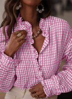 Plaid pleated V-neck shirt
