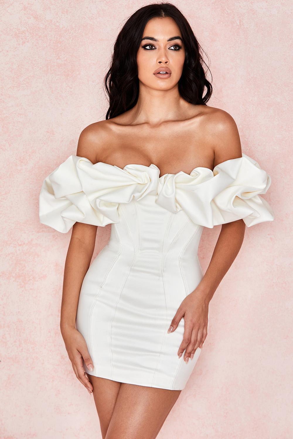 bandeau one-shoulder herringbone ruffled dress