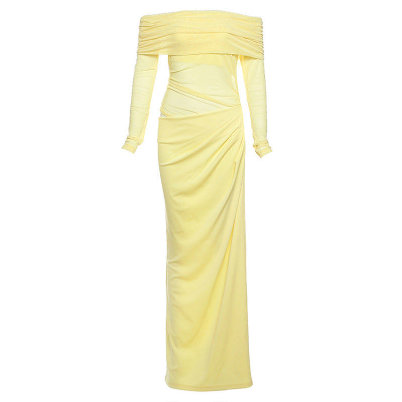 One-word shoulder mesh see-through long dress