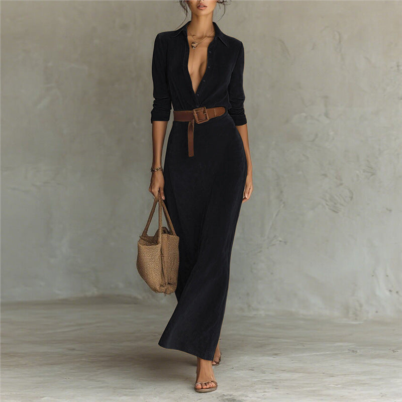 Suede waist long dress shirt skirt with belt