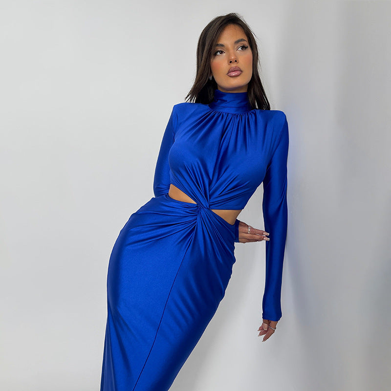 High-neck long-sleeved spliced halter pleated dress