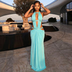 Sexy beautiful back deep V exposed navel solid color pleated splicing dress