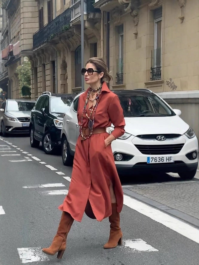 Drop mid-length skirt shirt collar dress