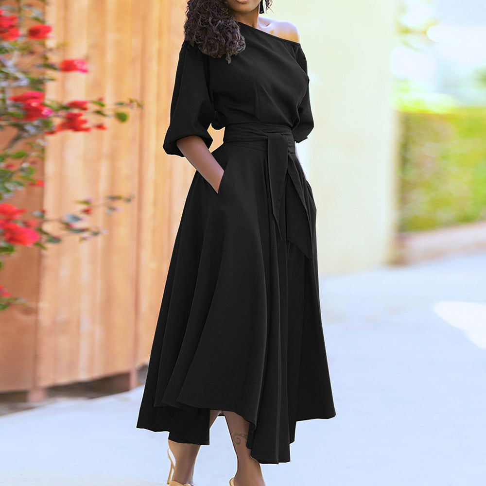 Strap waist temperament slanted shoulder dress