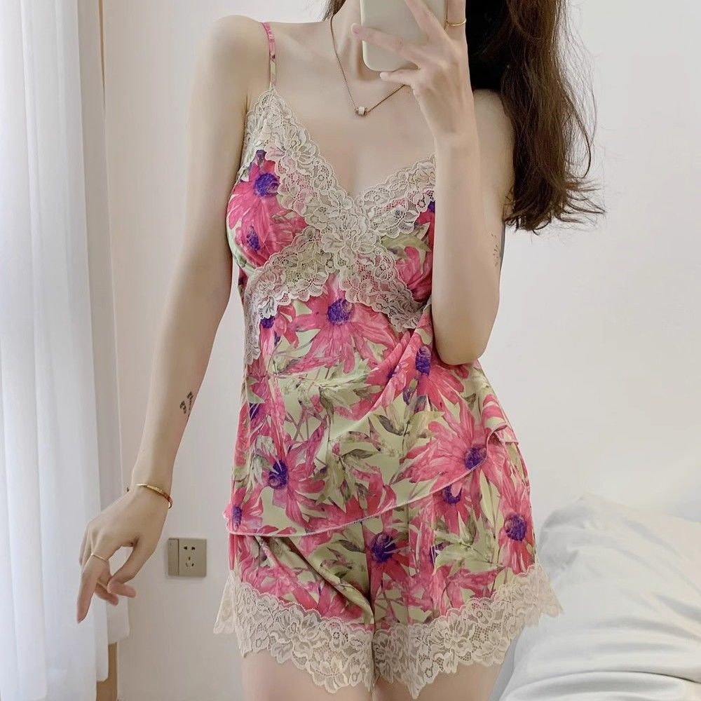 Lace suspender pajamas shorts set