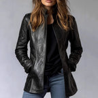 Stand-up collar long-sleeved leather jacket