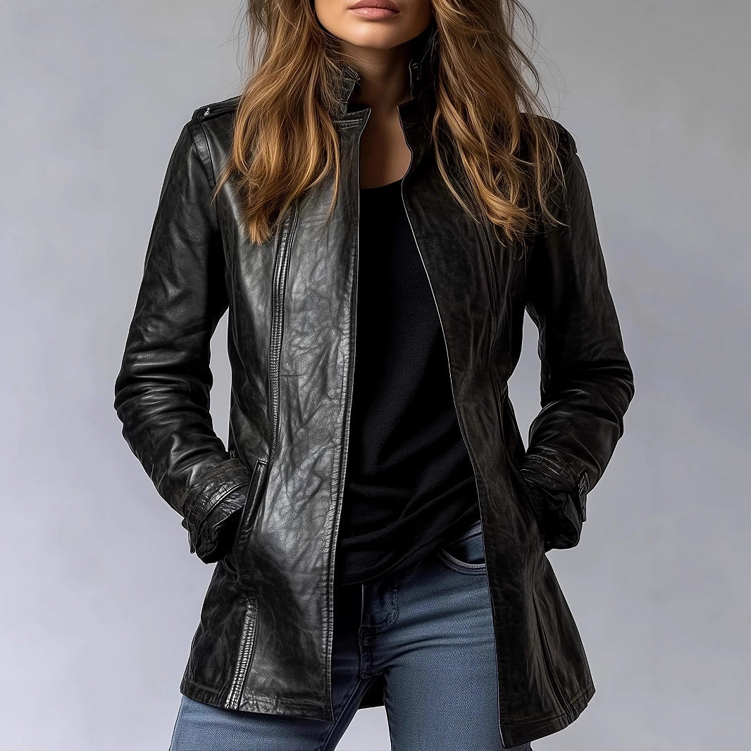 Stand-up collar long-sleeved leather jacket
