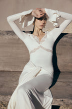 V-neck lace see-through slim-fit dress