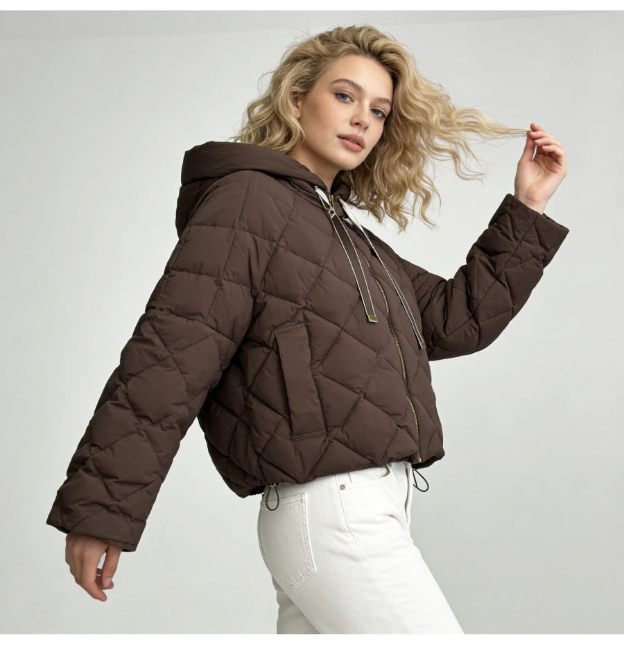 Hooded rhombus woven white duck down jacket