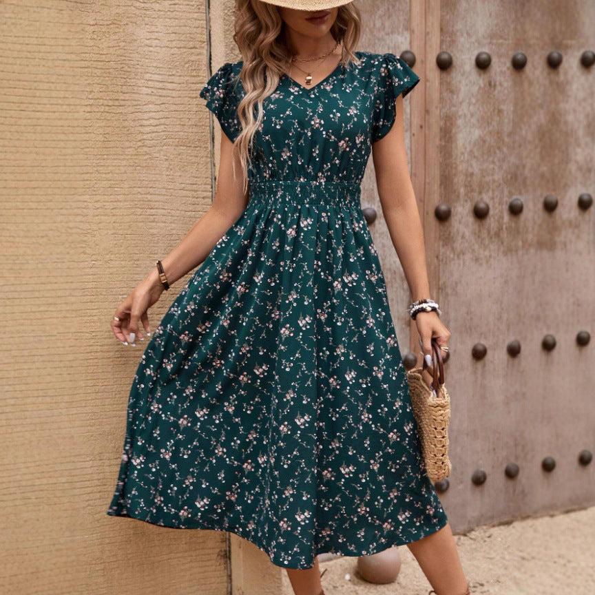 French Fashion Dress Women's Short Sleeve Floral