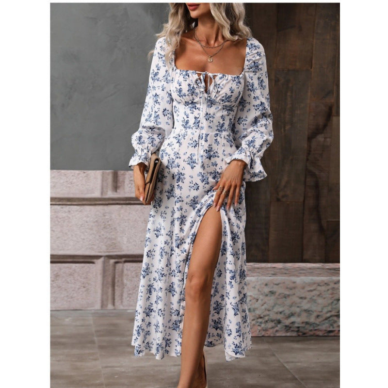 Printed long-sleeved square neckline dress with slit