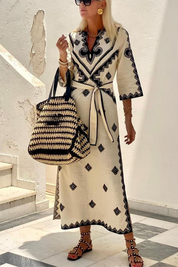 Printed belt hemp dress
