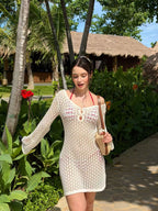 Solid color knitted floating flower knitted hollow dress