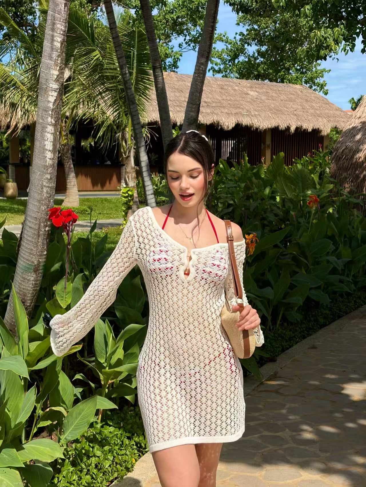 Solid color knitted floating flower knitted hollow dress