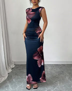 Slim print dress sleeveless step skirt