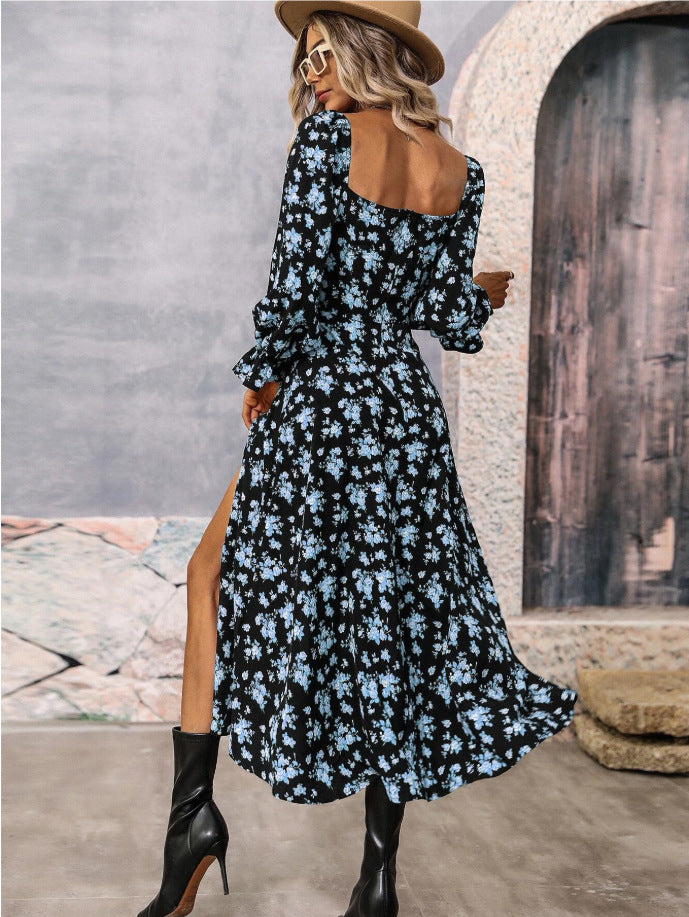 Printed long-sleeved square neckline dress with slit