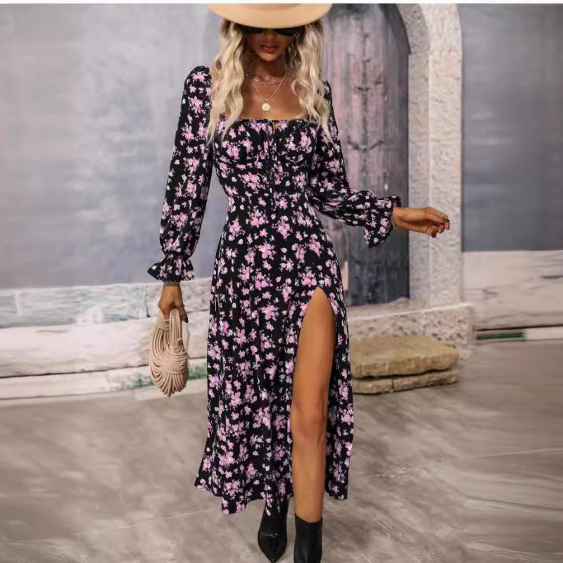 Printed long-sleeved square neckline dress with slit