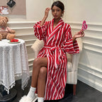 Flannel medium and long striped nightgown