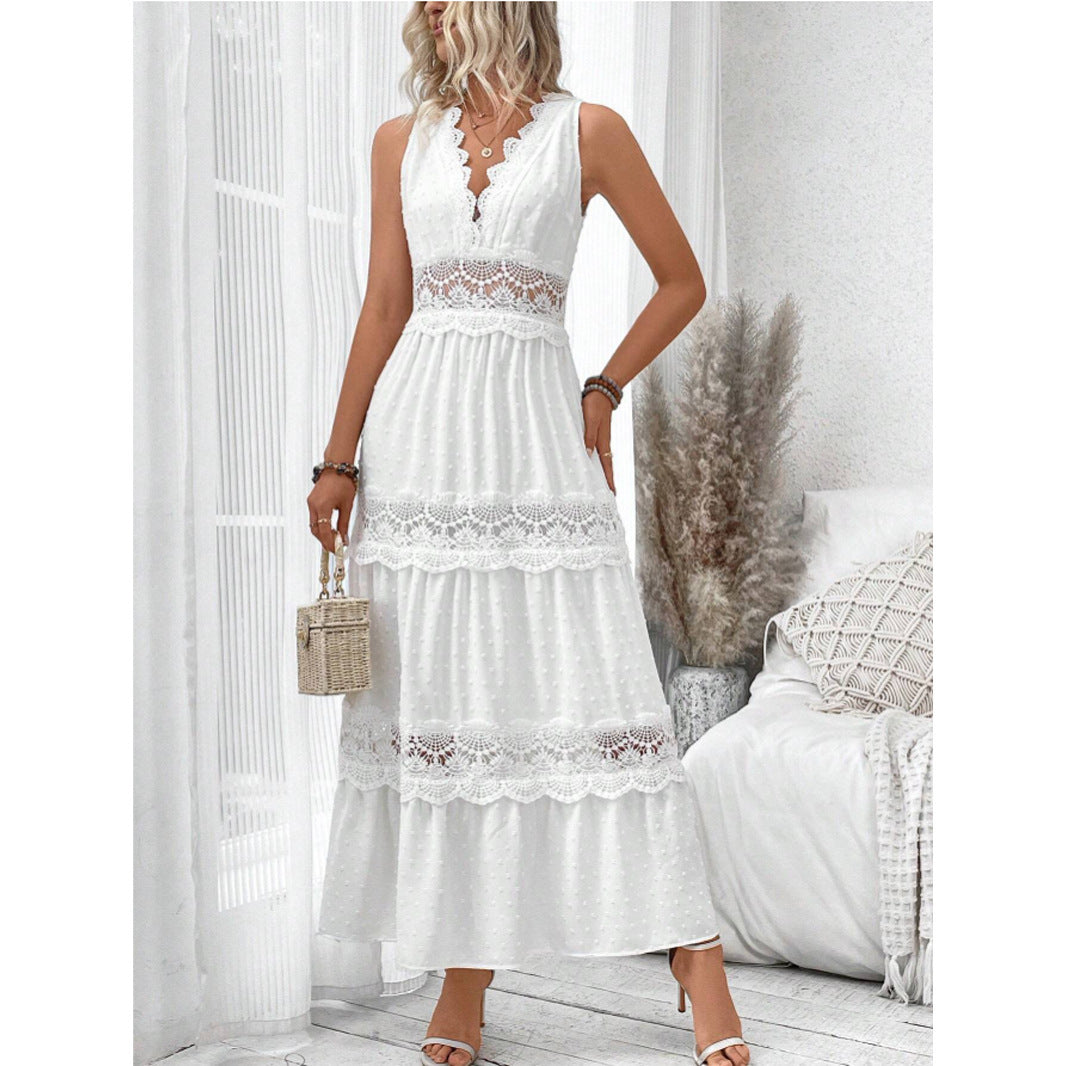 Lace stitching V-neck sleeveless dress