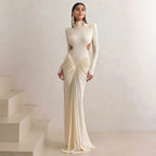 Solid color long-sleeved turtleneck temperament slim-fitting pleated backless long dress