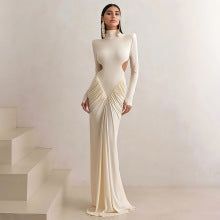 Solid color long-sleeved turtleneck temperament slim-fitting pleated backless long dress