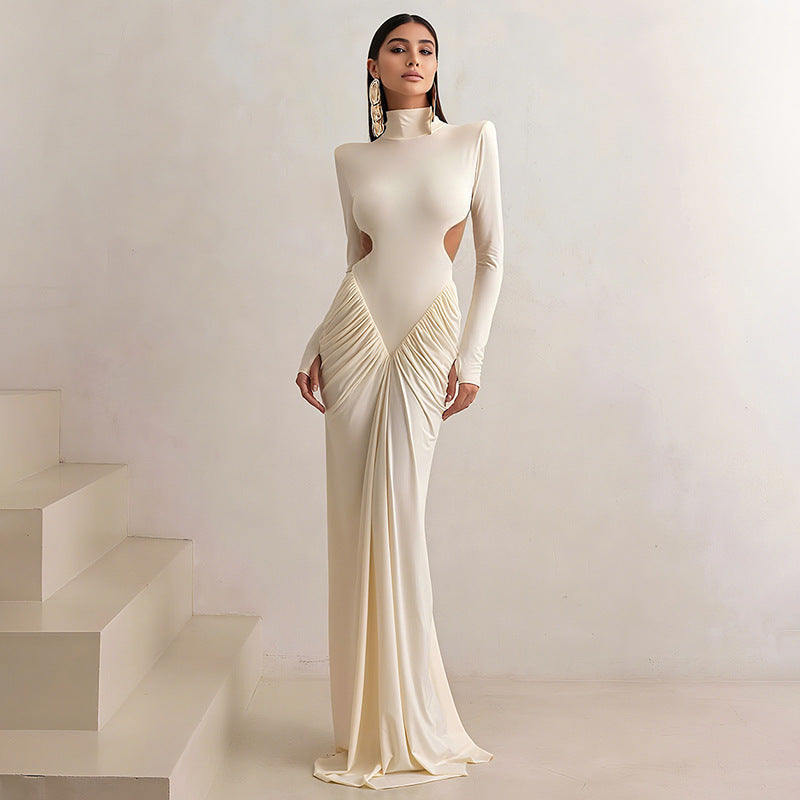 Solid color long-sleeved turtleneck temperament slim-fitting pleated backless long dress