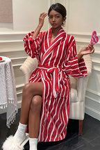 Flannel medium and long striped nightgown