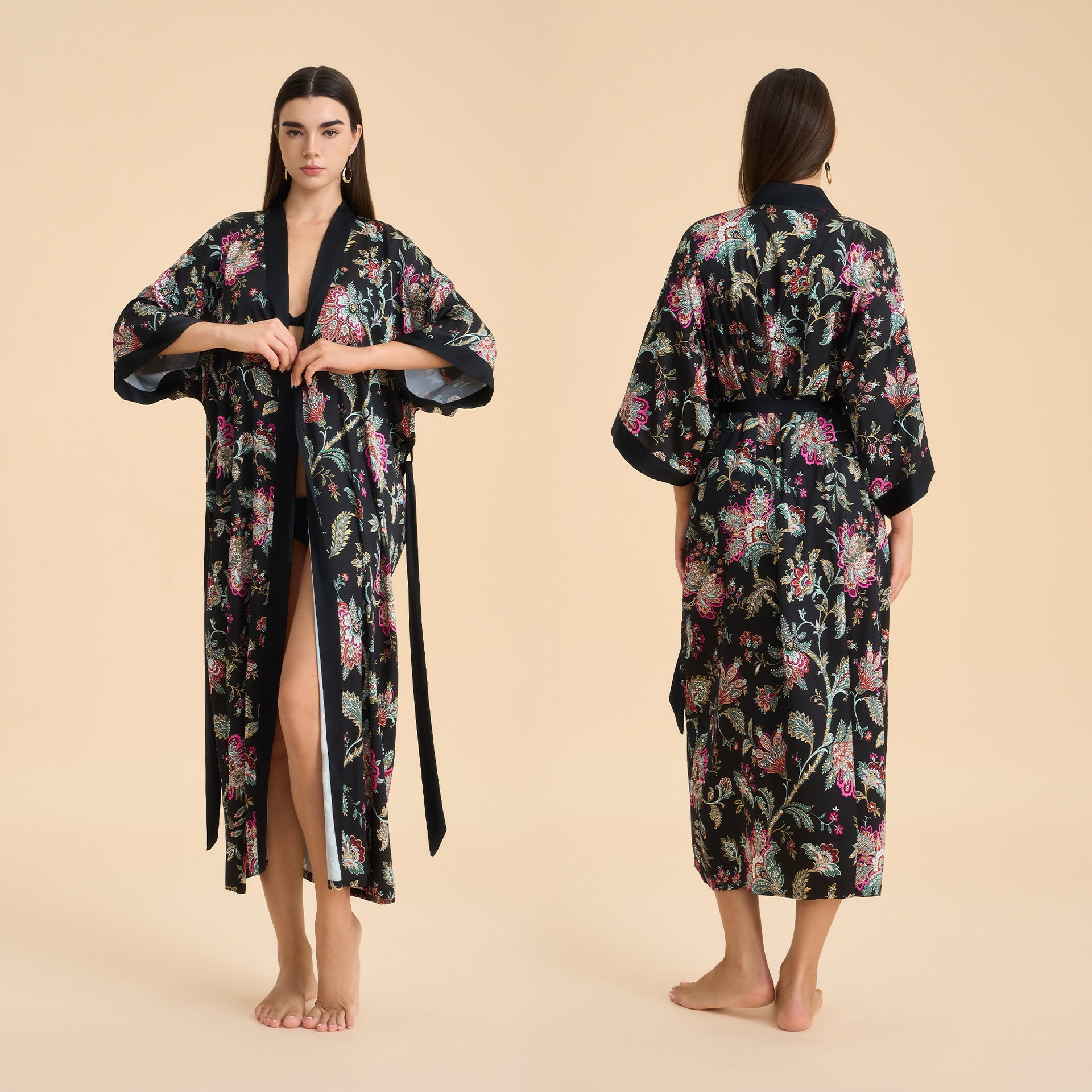 Satin chiffon bathrobe shuffle print nightgown