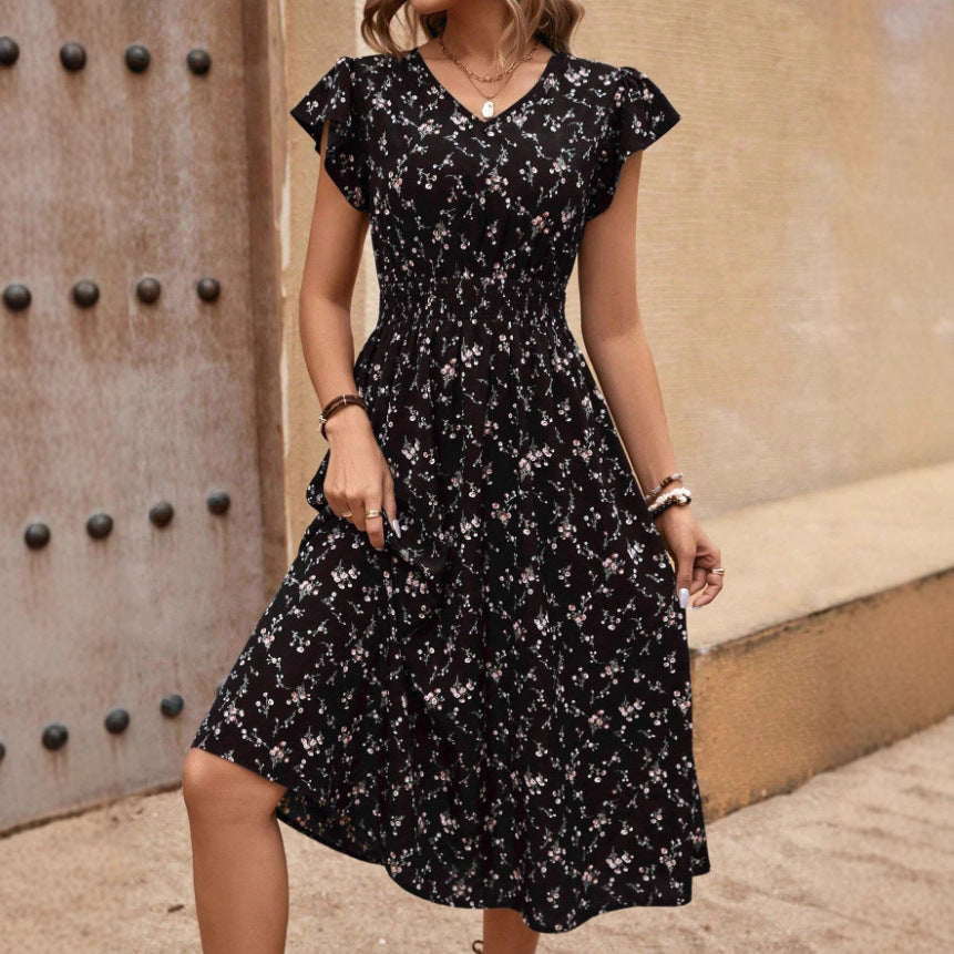 French Fashion Dress Women's Short Sleeve Floral
