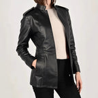 Stand-up collar long-sleeved leather jacket