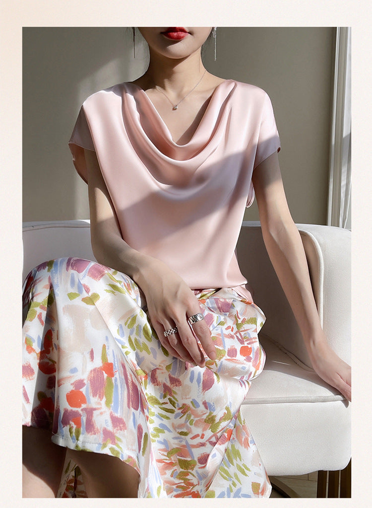 Silk satin 2026 spring and summer women's skirt temperament printing French umbrella skirt loose high waist over the knee A-shaped skirt