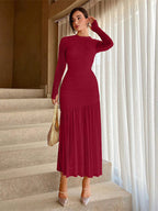 Lace pleated crew neck solid color dress