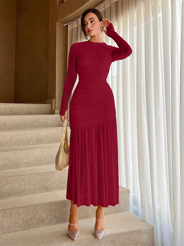 Lace pleated crew neck solid color dress
