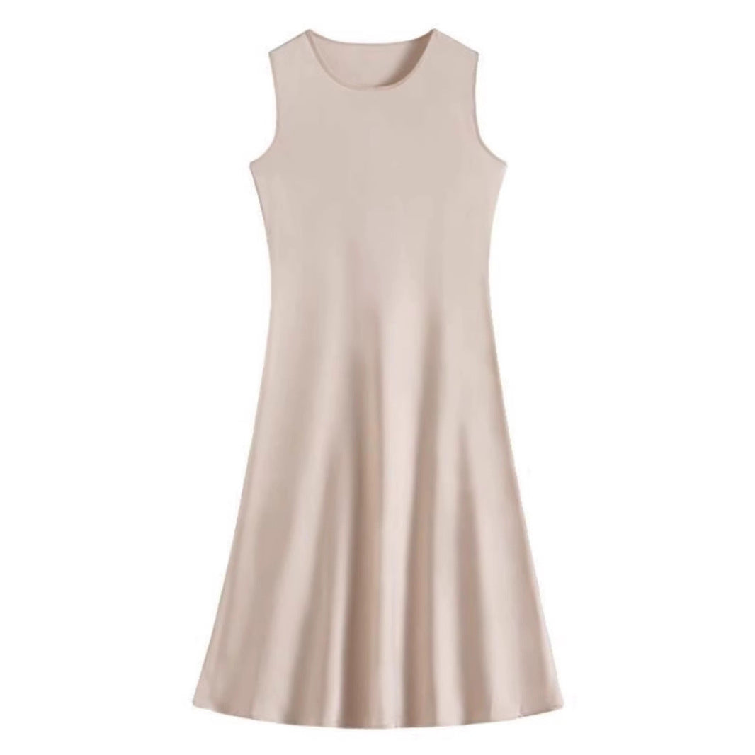 Crew neck silk suspender dress, acetate satin mid-length dress with silk inside