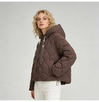 Hooded rhombus woven white duck down jacket