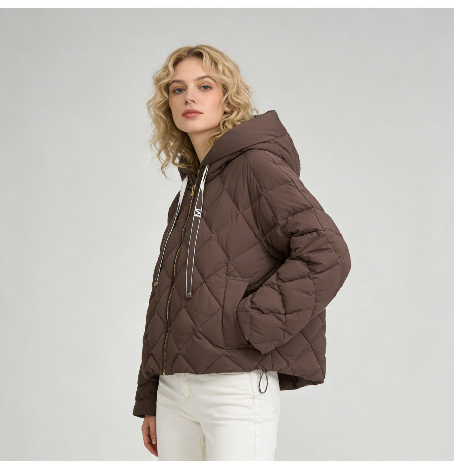 Hooded rhombus woven white duck down jacket