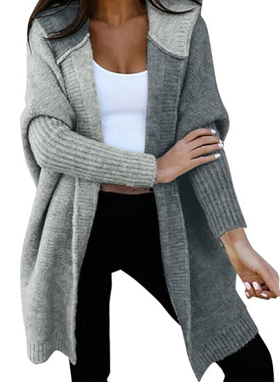 Medium and long hooded knitted cardigan
