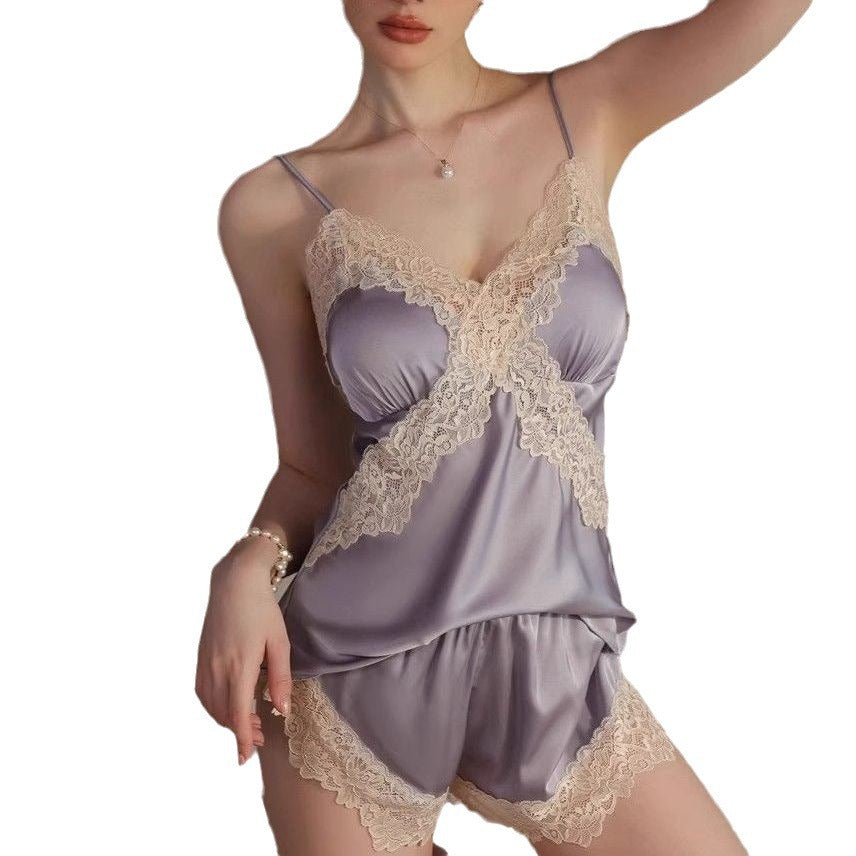 Lace suspender pajamas shorts set