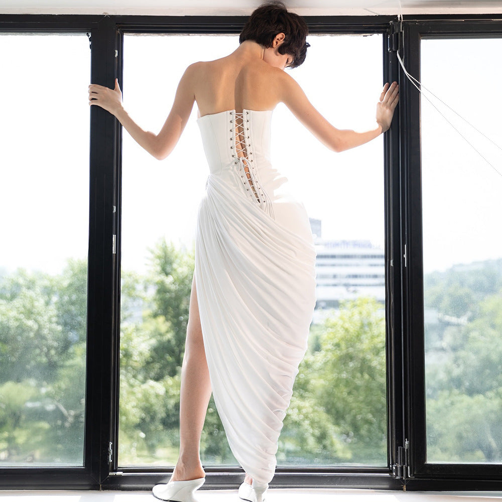 White bandeau twill pleated dress Europe