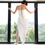 White bandeau twill pleated dress Europe