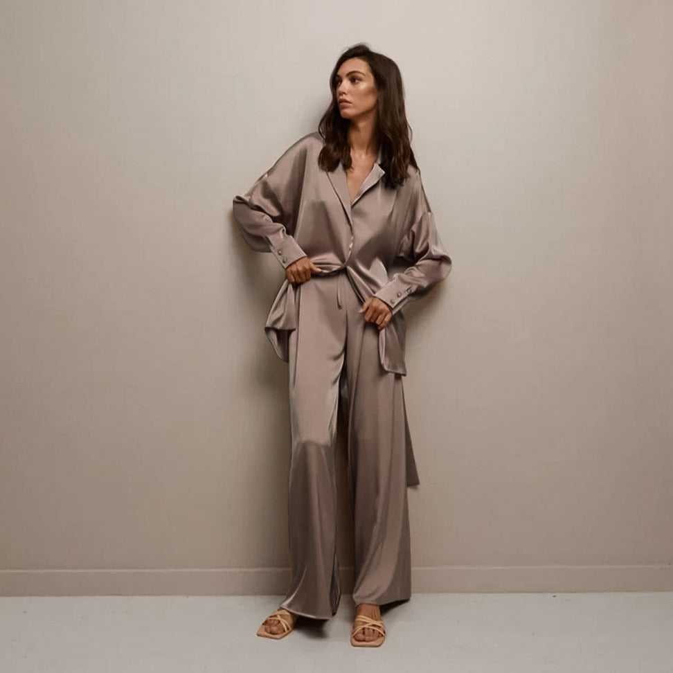 Simulation silk loose long-sleeved nightgown trousers pajama set