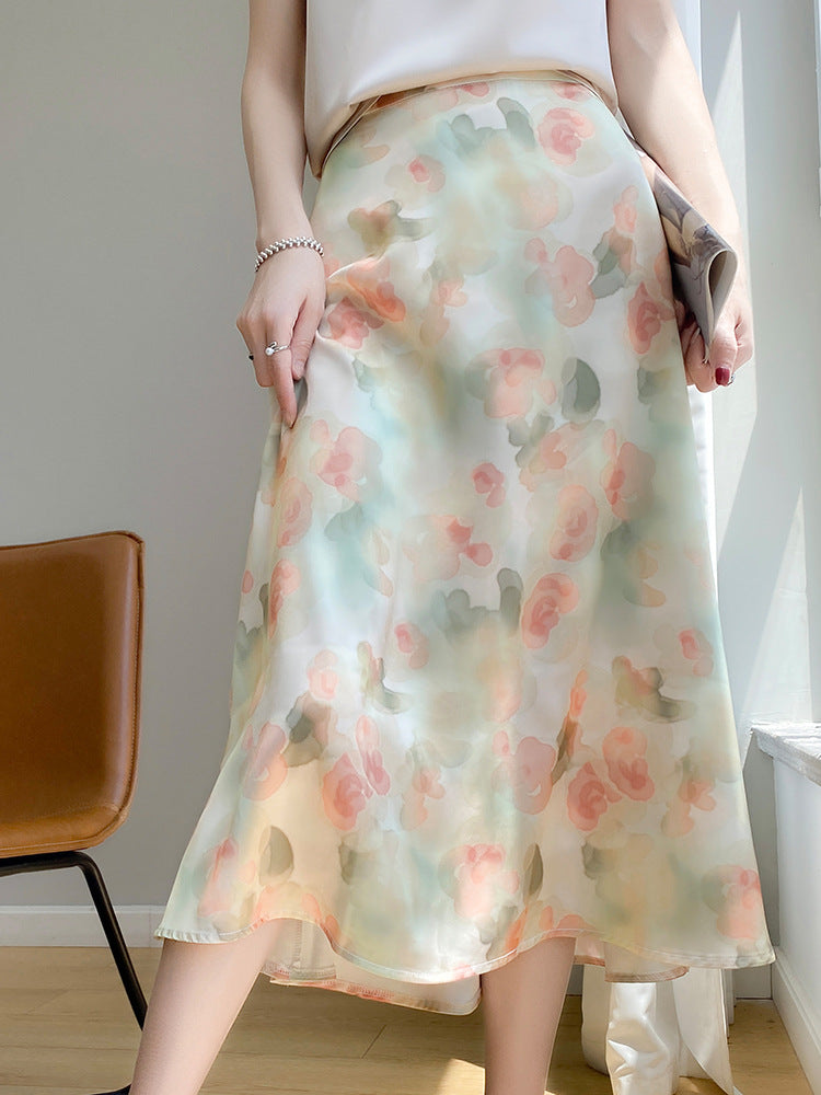 Silk satin 2026 spring and summer women's skirt temperament printing French umbrella skirt loose high waist over the knee A-shaped skirt