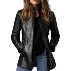 Stand-up collar long-sleeved leather jacket